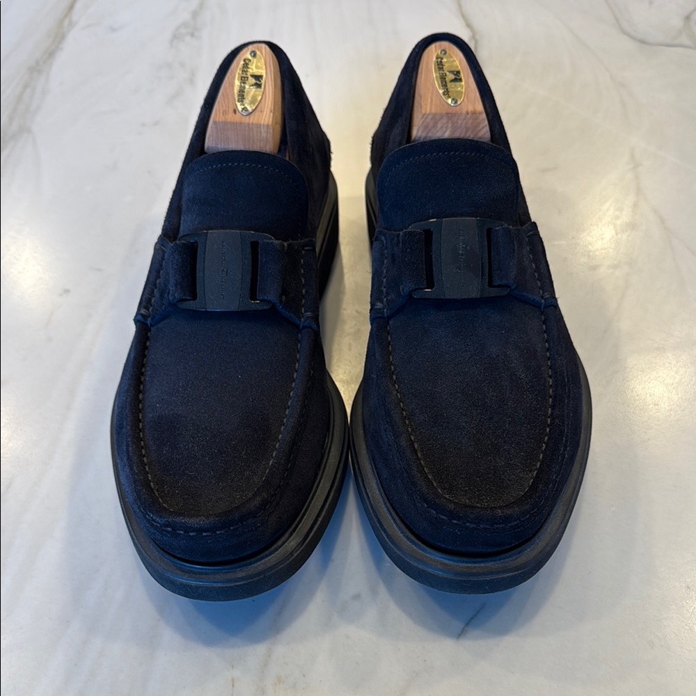 Salvatore Ferragamo Grimes Black Suede Loafers with Rubber Lug Soles - 10EE